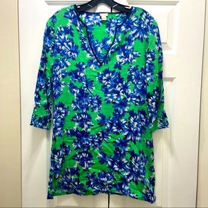 J. Crew Green and Navy Blue Floral Pattern Shift Dress